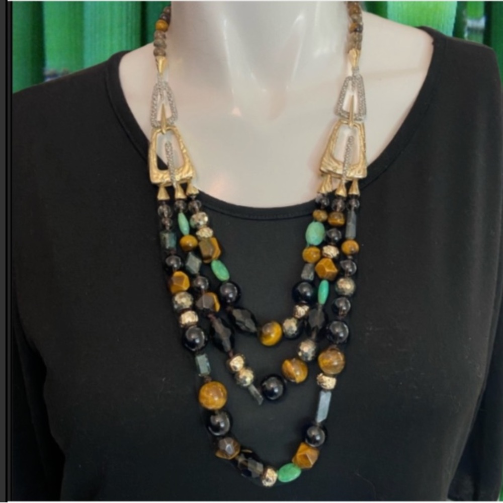 ALEXIS BITTAR Green Gold Brown Gemstone Tiger Eye Chrysoprase Bead Necklace
